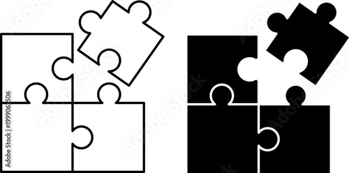 Puzzle Pieces Icon Set Jigsaw Solution Teamwork Problem Solving Connection Outline Glyph Vector Illustration