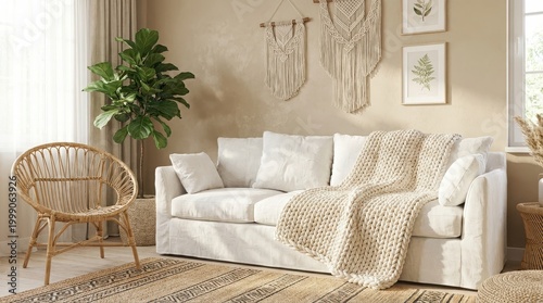 Cozy white sofa in a Scandinavian boho living room interior