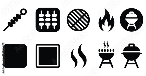 barbecue grill filled icon set featuring bbq tools, cooking equipment, kitchen utensils, outdoor grilling elements, food preparation symbols in bold and modern style.