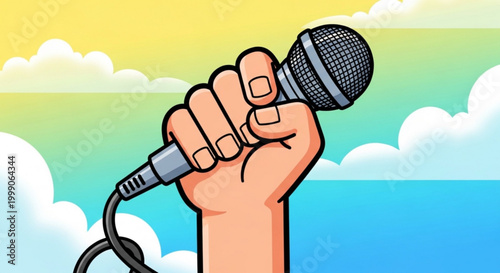 Hand holding microphone in front of colorful sky with clouds symbolizing public speaking communication and expression
