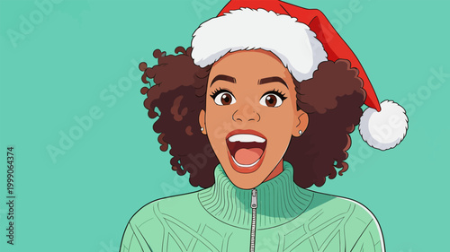 Excited Black Woman Wearing Christmas Santa Hat and Cozy Sweater