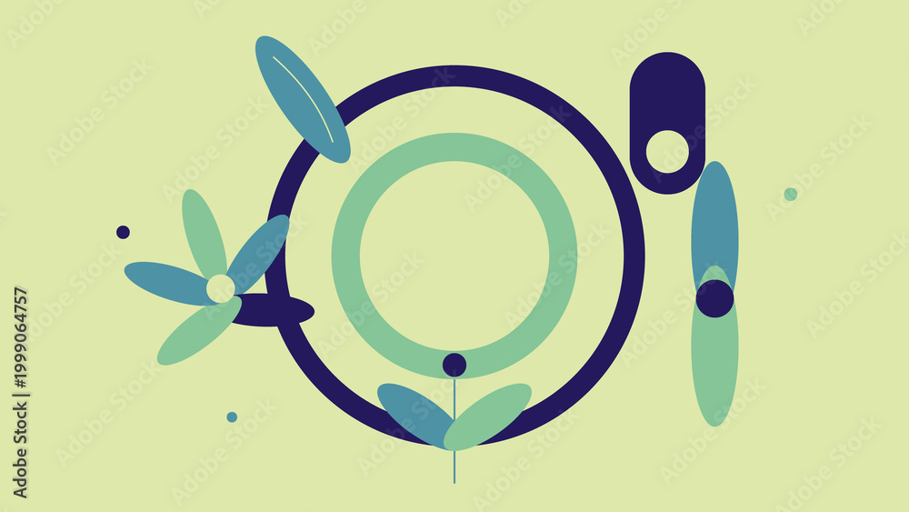 Fototapeta premium Circular abstract botanical composition with blue tropical leaves and geometric floral elements on green background