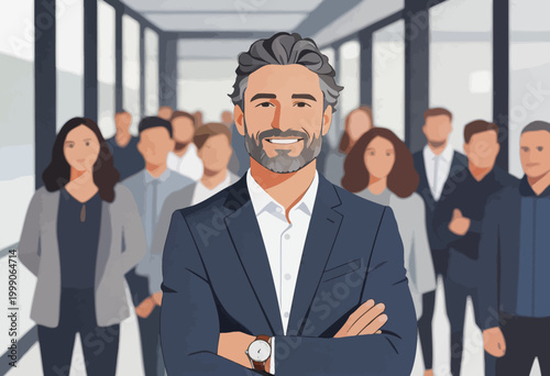 Confident Middle-aged Business Leader with His Team in Office Hallway