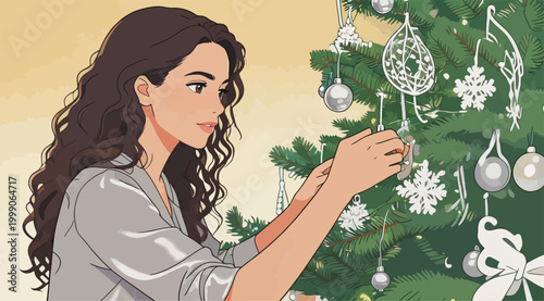 Young Woman Decorating Christmas Tree at Home