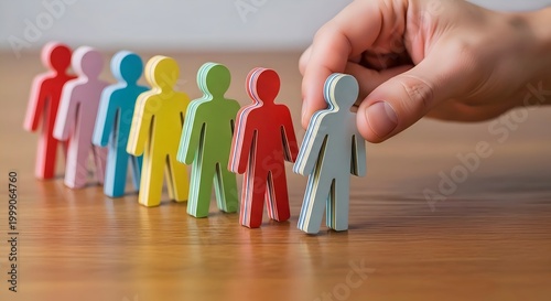 Hand Selecting a Leader Figure from a Row of Diverse Wooden People - HR Management