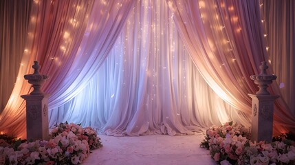 Elegant European wedding background with shimmering drapes and romantic fairy lights, perfect for a luxurious ceremony setting