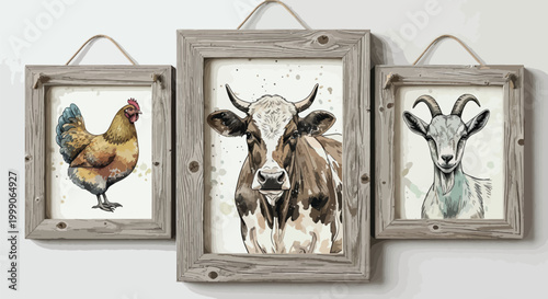 Three rustic framed paintings of farm animals hang on a wall, featuring a rooster, cow, and goat in a rustic setting
