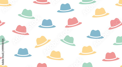 Seamless Pattern of Colorful Fedora Hats on White Background