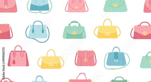 Seamless Pattern of Colorful Handbags, Fashion Accessories, Vector Flat Design