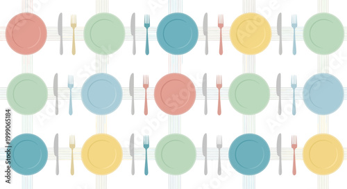 Colorful Plates and Cutlery Pattern - Kitchenware Background