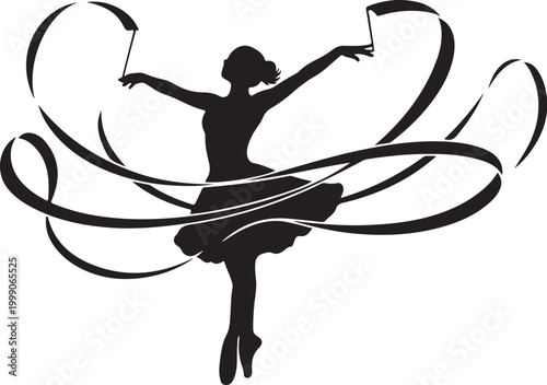 Ballet dancer, ballerina silhouette, ribbon dance, black vector icon, artistic illustration