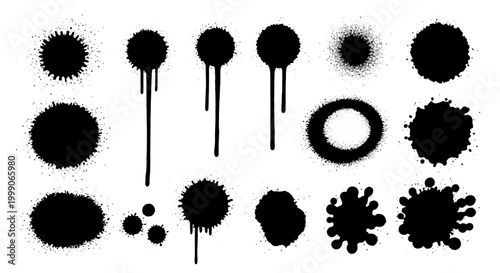 Collection of black spray paint splatters and drips, ideal for graphic design and artistic effects