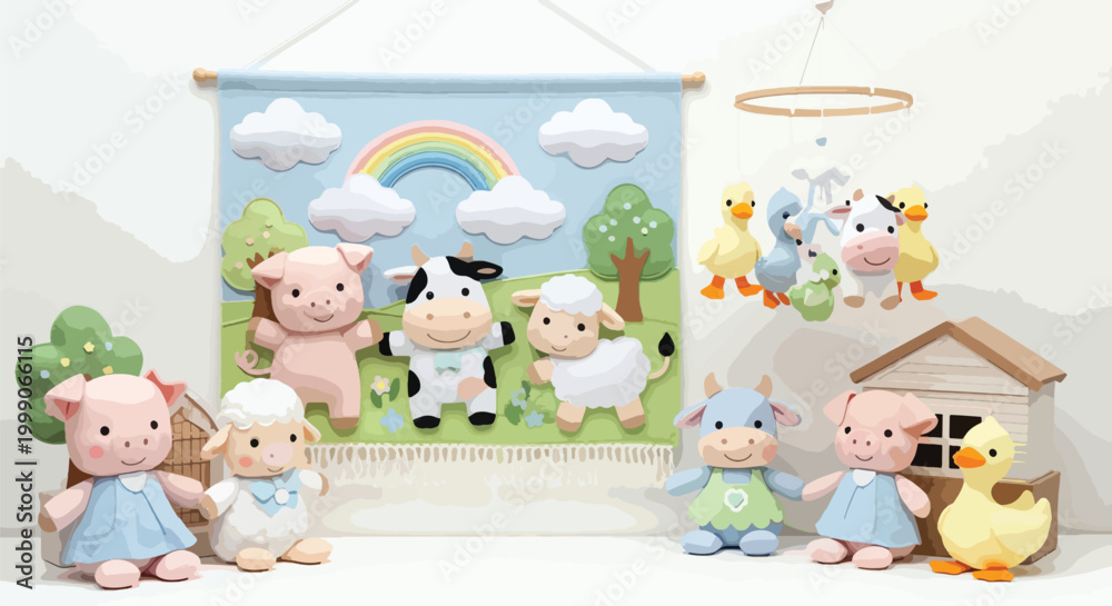 Fototapeta premium A group of adorable stuffed farm animals and toys arranged on a white surface with a colorful farm-themed backdrop.
