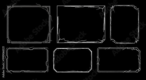 Set of six unique decorative rectangular borders with a scratched, weathered, and distressed aesthetic in a monochromatic style on a black background