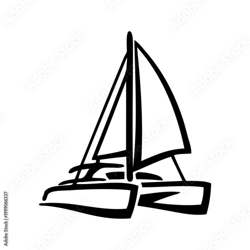 Logo nautical. Vacaciones de verano. Dibujo minimalista con líneas de un barco de vela tipo catamarán 