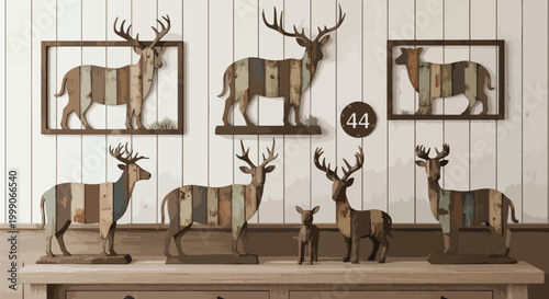 Close-up of wooden deer figurines on a shelf with patchwork design against white paneled wall.