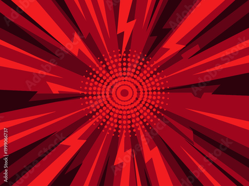 Dynamic Red Comic Book Background with Lightning Bolts, Halftone Dots, and Radial Speed Rays