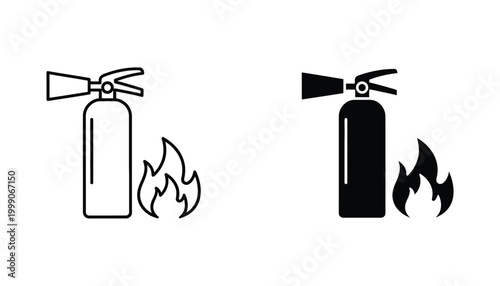 Industrial fire extinguisher icon with flame symbol for safety and emergency prevention protocols in clean linear and solid black vector style for building signage and safety equipment manuals