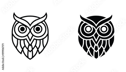 Intricate owl head emblem with symmetrical pattern for luxury branding and decorative design in bold linear and solid black vector style isolated on white background for professional logo projects