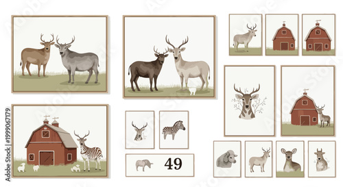 Collage of framed illustrations of farm animals and buildings on a white background.
