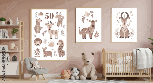 Nursery room with framed animal posters, toys, and a crib against a pink wall with wooden furniture.