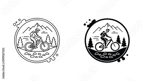 Mountain biking adventure icon set featuring a cyclist on a trail inside a circular badge for outdoor sports branding