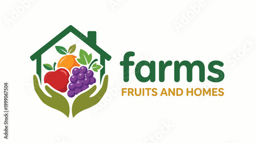 This logo artfully combines a home and fruits within hands, representing farms and fresh produce, embodying a sense of community and healthy living.