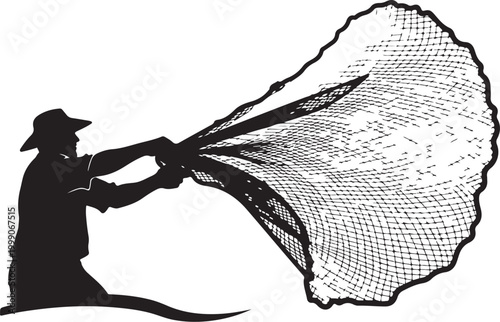 Fishing, silhouette of man throwing net, black vector icon, fishing gear, outdoor activity