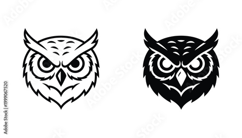 Fierce owl head mascot icon with sharp features in outline and solid black styles for sports team branding or academic institution logo design elements for modern graphic design and print projects