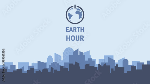 Earth Hour concept with city skyline silhouette and turn off button as planet earth shape