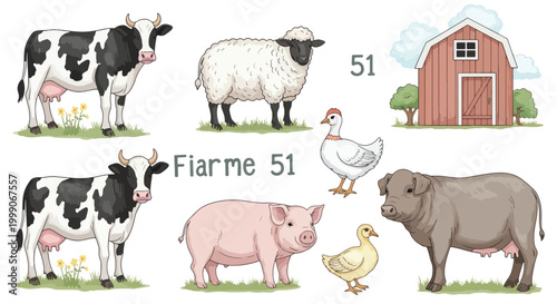 Clipart of various farm animals and a barn on a white background with a mix of warm and cool tones.