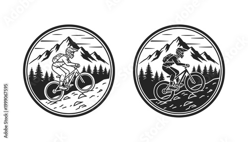 Mountain biker riding downhill with forest background in circular badge emblem vector illustration style
