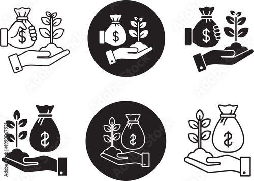 Financial growth and investment icons money bags with plants