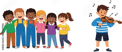 Happy kids singing together and boy playing violin cartoon vector illustration children music performance friendship and school activity design