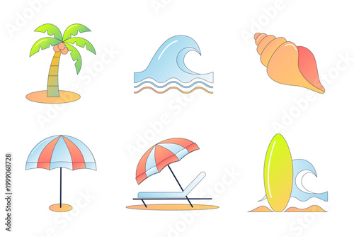 Summer Beach Gradient Icons Set Vacation, Sea, Travel, Tropical Line Color Vector Icons