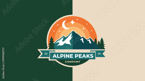 Featuring mountains, trees, and a sunset, this logo captures the spirit of adventure and the beauty of nature, perfect for an outdoor company targeting nature enthusiasts.