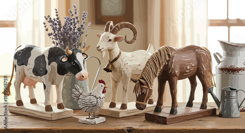 Still life of wooden animal figurines and decorative items on a rustic table against a window with natural light.