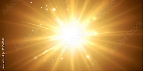 Bright orange and yellow sun rays burst from the center of this abstract vector design to create a summer sunrise backdrop filled with warm energy and glowing light beams