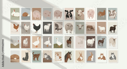 A collage of 36 small illustrations of various farm animals in different poses and colors on a white wall with natural