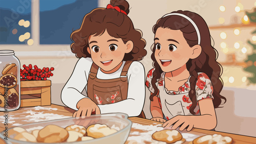 Two Happy Girls Making Christmas Cookies Together at Home