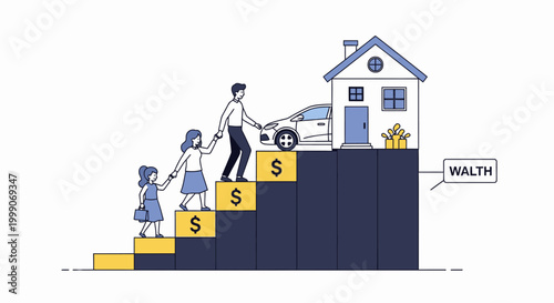 Illustration of a family ascending dollar- marked steps towards a house and car symbolizing financial growth and wealth accumulation.