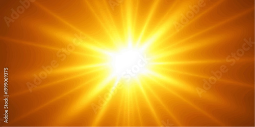Bright sun rays burst in an abstract yellow and orange summer design featuring a warm sunrise beam and glowing sunburst illustration against a sunny sky