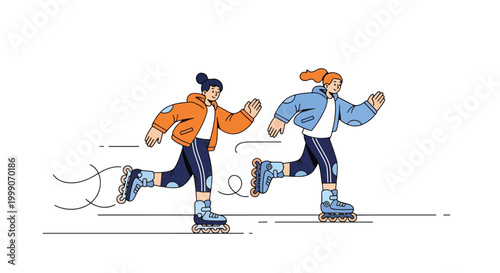 Two young adults ice skating side by side in a minimalist white background with motion lines indicating movement.