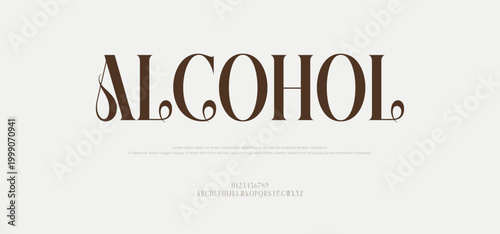 Alcohol, Luxury serif font in modern style. Elegant wedding alphabet letters font and number. 