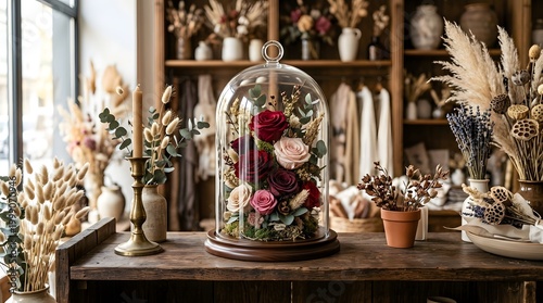 Beautiful preserved roses and dried floral arrangements under glass dome display