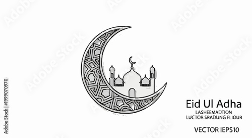 Ramadan Crescent Moon and Mosque Illustration for Islamic Celebrations and Eid ul Adha