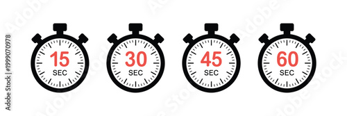 Stopwatch Icons, Dynamic Timer Vector Illustration Featuring 15, 30, 45, and 60 Second Indicators for Countdown and Performance Design