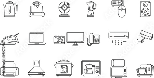Home appliances and electronics line icons set vector illustration for household technology kitchen devices and smart home design