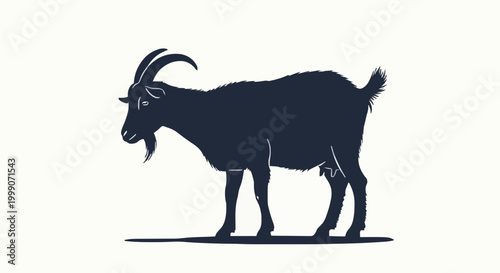 Silhouette of a standing goat with horns and beard, rendered in a dark blue hue against a plain white background