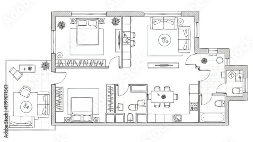Detailed architectural floor plan presentation of a spacious two bedroom apartment layout with living areas kitchen and private balcony showing furniture placement and room dimensions for real